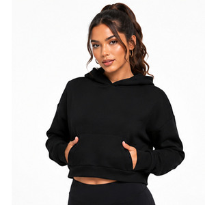 Sweat-shirt à capuche court pour femme, couleur unie, manches longues, décontracté, pour l'automne, respirant, en tricot de coton et élasthanne, manches complètes - Product Image 4