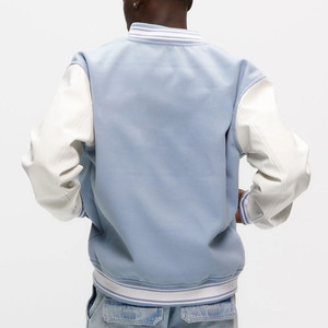 Chaqueta Varsity Azul Claro para Hombre con Mangas Blancas, Cuello Camisero, Ropa Casual de Otoño - Product Image 4