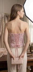 COTTON COUTURE Women's <b>Strapless</b> Beaded Satin 100% Polyester Elegant Corset <b>Top</b> Pink Floral Sequin Bustier - Product Image 4