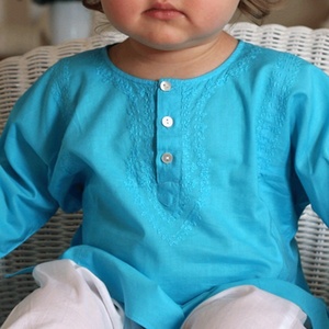 Turquoise Summer Wear Short <b>Kaftan</b> Crafted By 100% Soft Cotton Featuring With Beautiful Embroidery Long Sleeves & Front Buttons - Product Image 3