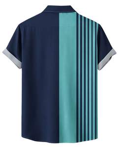 Chemise à manches courtes boutonnée à imprimé graphique bleu marine et vert sarcelle, style décontracté d'été pour la plage, fabrication OEM personnalisée en gros pour hommes - Product Image 2