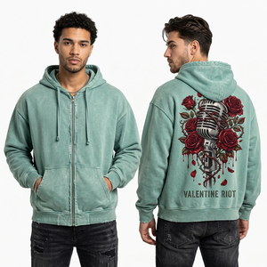 Premium Sage Green Zip Up Hoodie Vintage Distressed Wash Microphone Graphic Print Streetwear Men Oversized Full Zip Sweatshirt - Product Image 1