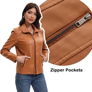 Women's Brown PU Leather Moto Jacket Full Sleeve Stand Collar <b>Zipper</b> Closure Short Length Autumn Style - Product Image 6