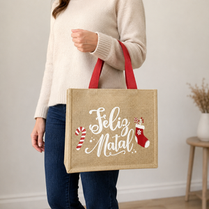 Sac cadeau de Noël personnalisé en jute, sac fourre-tout en toile de jute naturelle laminée avec impression de logo, vente en gros, OEM, marque privée, emballage cadeau en vrac - Product Image 5