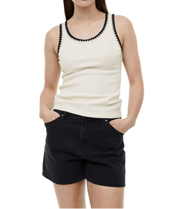 Camiseta de Punto para Mujer, Color Sólido, Cuello Redondo, Estilo Casual, Blanca con Detalles en Negro - Product Image 2