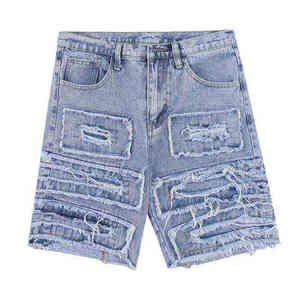 Shorts en jean décontractés brodés, respirants, élégants, unis, délavés, effet usé, coupe ample, séchage rapide, taille mi-haute, faible MOQ - Product Image 5