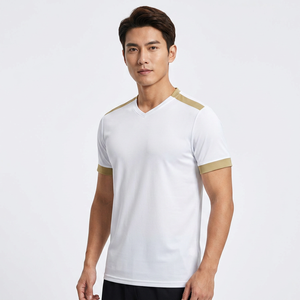 T-shirt pour homme à col en V blanc à manches courtes avec accents dorés Coupe classique Séchage rapide Polyester tricoté Style décontracté - Product Image 3