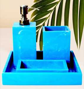 Moderno Juego de Baño de Cinco Piezas de Resina Azul Ecológica, Dispensador de Jabón Redondo, Portacepillos de Dientes, Bandeja, Fácil de Limpiar - Product Image 6