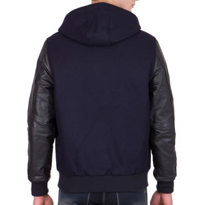Veste universitaire bleu marine pour homme avec manches en similicuir noir, veste bomber à capuche, veste de sport, vêtement d'extérieur décontracté et chaud pour l'hiver, manteau élégant - Product Image 6