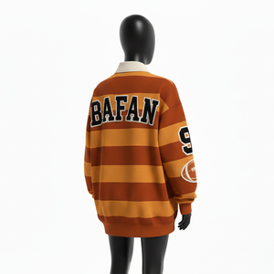 Chemise de rugby pour femme en jersey de coton lourd 280 GSM, marron, avec panneau rayé moutarde et logo brodé - Product Image 5