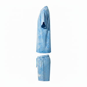 Men's Solid Blue Two-Piece <b>Set</b> Crew Neck T-Shirt Shorts Casual Summer Wear Breathable Knitted Bamboo Fiber Front Logo - Product Image 3