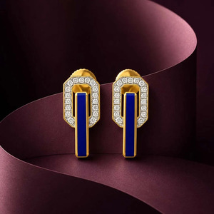 Golden <b>Blue</b> Enamel Geometric Bar Diamond <b>Stud</b> <b>Earrings</b> - Product Image 4