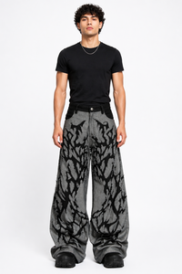 Mens Grey Black Graphic Wide Leg Denim Jeans Abstract Print Designer Streetwear <b>Pants</b> Oversized Baggy Fit Urban Fashion Denim - Product Image 1