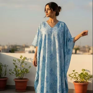 Vestido Kaftán Informal Hecho a Mano en India, 100% Algodón, para Mujer, Estilo Boho, para la Playa, Estampado a Mano, Holgado, Étnico, para el Verano - Product Image 1