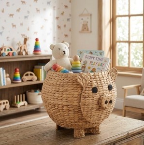 Natural Water Hyacinth Cute Pig Shaped <b>Storage</b> <b>Basket</b> Handmade Woven <b>Toy</b> Organizer Bin for Nursery, Kids Room & Home <b>Storage</b> - Product Image 6