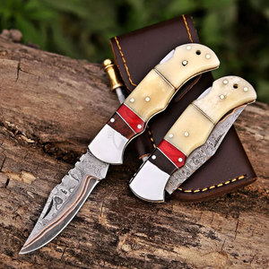 Hand Forged Unique Copper Damascus Folding Knife Steel Bolster Wood Bone Handle Custom Cu-Mai EDC Pocket Hunting Back <b>Lock</b> Knife - Product Image 2