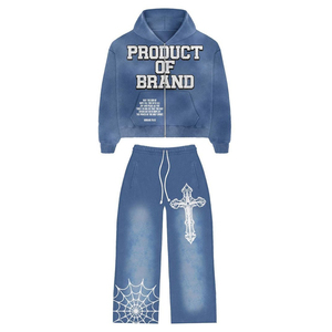 Ensemble décontracté deux pièces unisexe : sweat à capuche zippé style universitaire délavé et pantalon large, motif gothique croix toile d'araignée, streetwear Y2K - Product Image 2