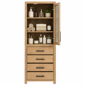 Slim Modern Teak Wood Bathroom <b>Storage</b> Tower with Drawers - Product Image 1