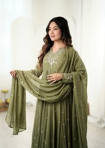 Women <b>Green</b> Floor-Length Embroidered Traditional Dress Loose Fit Party Wear Indian Pakistani Style - Product Image 2