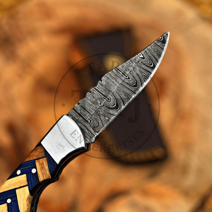 Couteau pliant artisanal en acier Damas, pointe tombante, manche en bois personnalisé, couteau de chasse de poche, étui en cuir, garantie 3 ans, DIY - Product Image 2