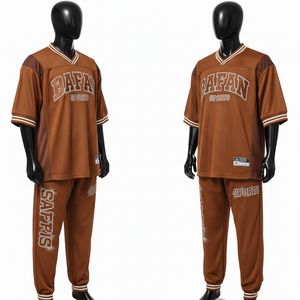 Ensemble de pantalon et maillot en mesh polyester respirant pour homme, 180 GSM, vêtements de sport, panneau contrastant marron, logo brodé personnalisé, ensemble 2 pièces pour homme - Product Image 1