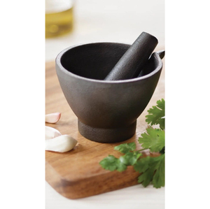 Moderno juego de mortero y pilón de hierro, acabado negro resistente, molinillo manual de especias y hierbas, herramienta de cocina para triturar ajo y condimentos. - Product Image 1