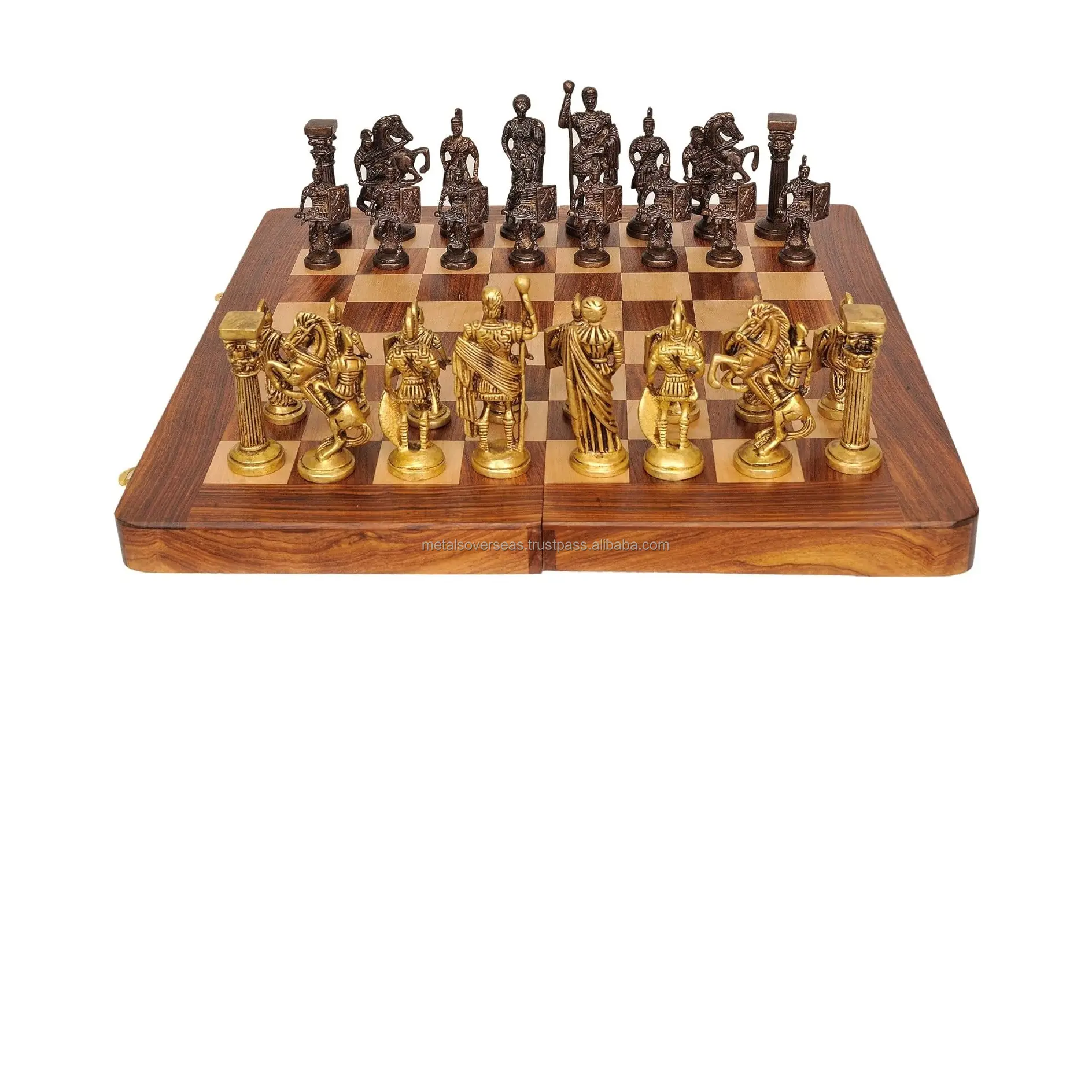 Antique Folding Wooden Chess Board with Brass Chess Roman Figures Set 2 Players Best for Gifting Home Decor