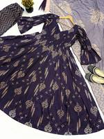 Ensemble Anarkali 3 pièces imprimé violet tendance de luxe, style indien pakistanais, grande taille, robe longue, pour l'hiver et l'été