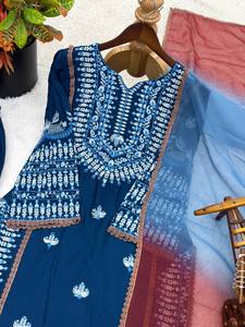 Ensemble Salwar Kameez brodé bleu pour femmes, tenue traditionnelle indienne et pakistanaise avec dupatta, coupe classique, pour les occasions spéciales - Product Image 5