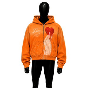 Sweat-shirt à capuche zippé PREMIUM ORANGE STREETWEAR LOVE HEART avec imprimé cœur et texte « Love Me », unisexe, coupe ample, décontracté - Product Image 1