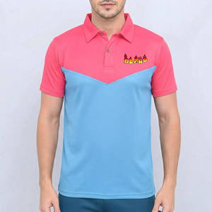 เสื้อเชิ้ตผู้ชายสีชมพู-น้ำเงินตัดกัน แขนสั้น ปกคอปก พิมพ์ลายโลโก้เปลวไฟ สวมใส่สบาย ระบายอากาศได้ดี ทรงปกติ รับสกรีนโลโก้ตามแบบ - Product Image 4