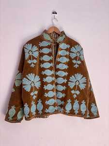 Handcrafted for Color Velvet Suzani Embroidered Winter Quilted Reversible Thick <b>Jacket</b> Floral Artisan Boho Luxury Statement - Product Image 1