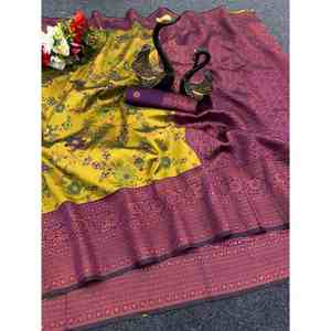 DISEÑADOR TISSU SEDA TRIPLE COBRE ZARI TEJIDO TRABAJO SAREE CON BLUSA DESCOSADA LORO VERDE - Product Image 1