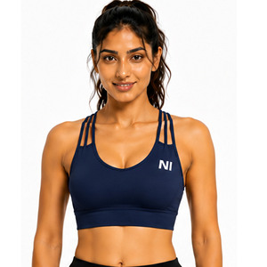 Women Seamless Sports Bra Crisscross Straps Scoop Neck Medium Support Breathable Fitness Workout Top Solid Navy Blue Nofyan Ind - Product Image 1