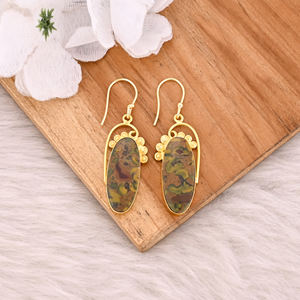 Boucles d'oreilles plaquées or jaune, pierres précieuses jaspe fruit, style bohème tendance, vente en gros, fabricant - Product Image 2