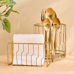 Support à couverts moderne en fil doré avec organiseur de serviettes, compatible lave-vaisselle, ensemble de rangement pour couverts pour table à manger - Product Image 1