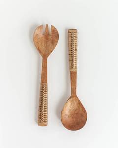 Cucharas para Ensalada Hechas a Mano con Madera de Mango y Mangos de Ratán Tejidos, Diseño Geométrico Bohemio, Utensilios de Cocina Naturales - Product Image 5