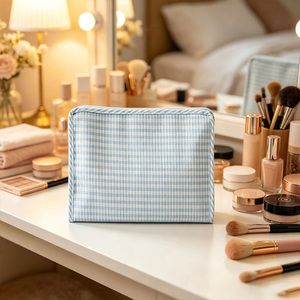 Summer Custom Plaid Makeup Pouch Monogram Nylon Travel Toiletry Bag Women Blank Gingham Cosmetic Bags - Product Image 3