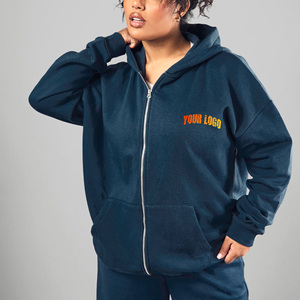 Sudadera con Capucha y Cremallera para Mujer, de Alta Calidad, Color Azul Marino Sólido, Felpa de Algodón, Manga Larga con Bolsillos, para Otoño y Uso Casual - Product Image 1