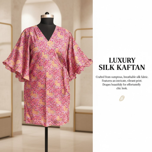 Exquisito Kaftán Rosa de Seda con Estampado Paisley, Cuello en V, Dobladillo con Volantes, Ropa de Dormir de Boutique, 100% Seda Habotai, Hecho a Mano, Vestido de Mujer, Obra Maestra - Product Image 2