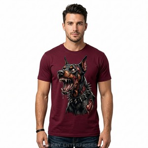 Camiseta Borgoña Personalizada para Hombre, Diseño Gráfico de Perro Doberman Rabioso, Ropa Urbana, Camiseta de Algodón Marrón de Alta Calidad - Product Image 1