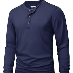 Camiseta Henley de Algodón para Hombre, Manga Larga, Cierre Frontal, Estilo Casual, Vintage, para Otoño y Primavera - Product Image 1