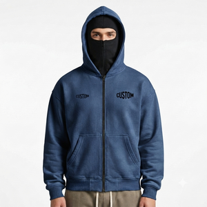 Tactical Face Mask Hoodies Custom Blue Built In Balaclava Full <b>Zip</b> Up Pullover Hoodie Custom Logo Oversized Streetwear OEM ODM - Product Image 1