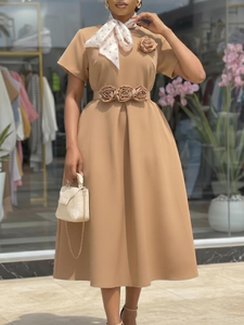 Vestido Africano Elegante de Verano para Mujer, Cuello Redondo, Manga Corta, Ajustado, Largo, Color Sólido - Product Image 1