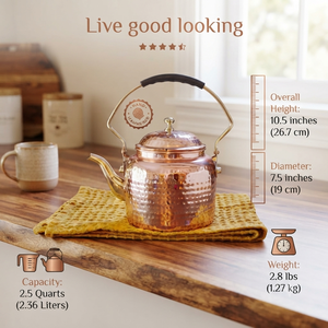 Bouilloire à thé en cuivre martelé artisanal avec couvercle, poignée en laiton, théière vintage pour cuisinière, pot à café et eau bouillante, pot de service - Product Image 4