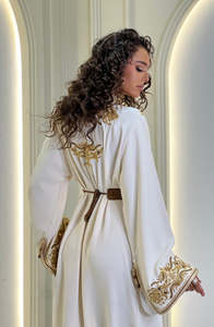 Kaftan turc blanc, abaya brodée d'or, col en V, manches longues, robe musulmane longue jusqu'au sol - Product Image 3