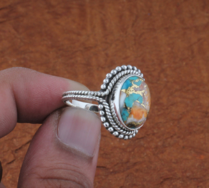 Vintage Style Spiny Oyster Copper <b>Turquoise</b> Silver <b>Ring</b> Unique Multi-Color Gemstone Jewelry Antique Finish 925 Silver Boho <b>Ring</b> - Product Image 5