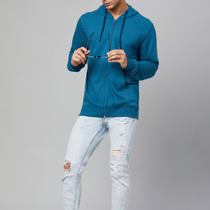 Sudadera con Capucha Azul Sólido para Hombre, Cierre de Cremallera, Corte Regular, Tejido de Algodón, Informal, para Otoño - Product Image 1