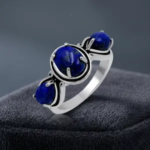 Gourik Women's <b>Lapis</b> <b>Lazuli</b> 925 Sterling Silver Statement <b>Ring</b> Handmade Vintage Three Stone Wedding Setting Jewelry - Product Image 6