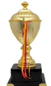 Golden <b>Trophy</b> Award with Black <b>Base</b> and Red Yellow Ribbons for Sports - Product Image 2